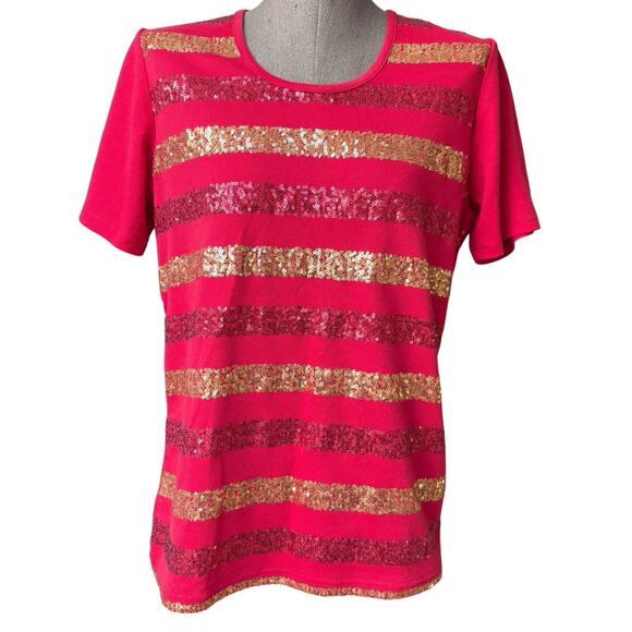 Quacker Factory Top Women's Size Small Red Sequins Striped Festive Short Sleeve - Picture 2 of 5